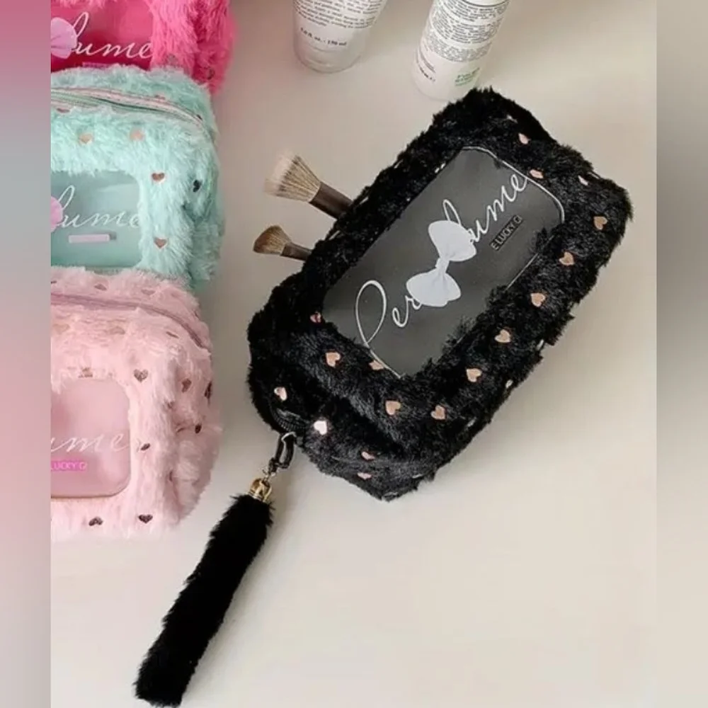 Black Furry Rose Gold Hearts-Patterned Brush Bag